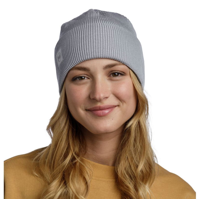 Woman wearing a BUFF gray beanie.